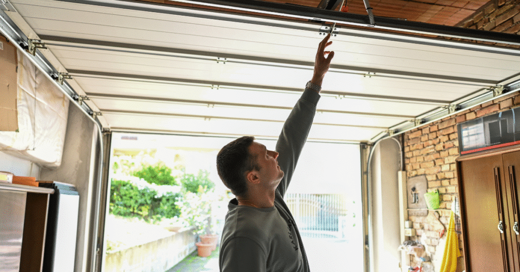 person checking garage door parts