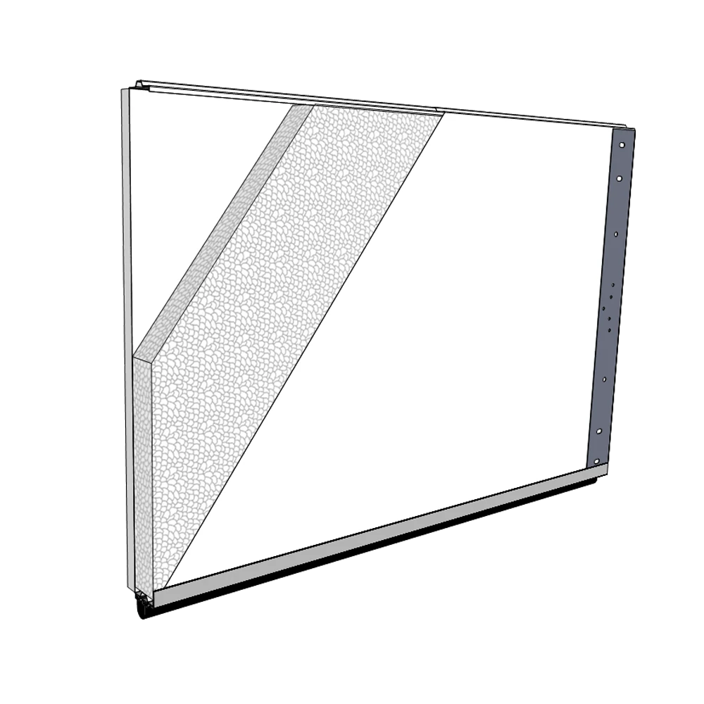 Carriage Creek garage door cutaway showing composite overlay, insulation, steel skins, hinge plate, end caps, rails, and bottom weatherstrip